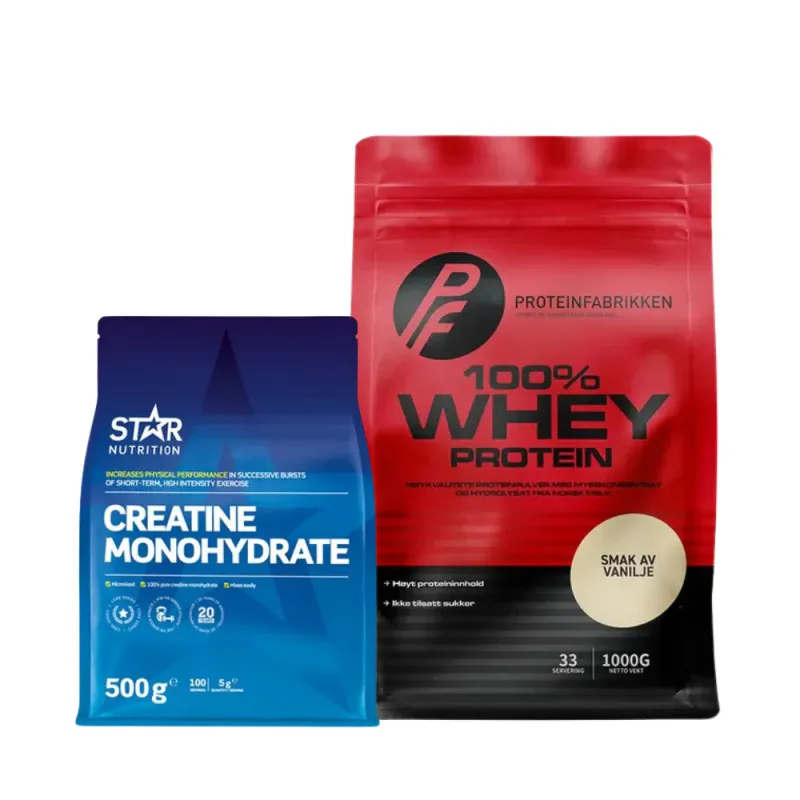 100% Whey Protein 1 kg og Kreatin Monohydrat 500 g, Pakketilbud